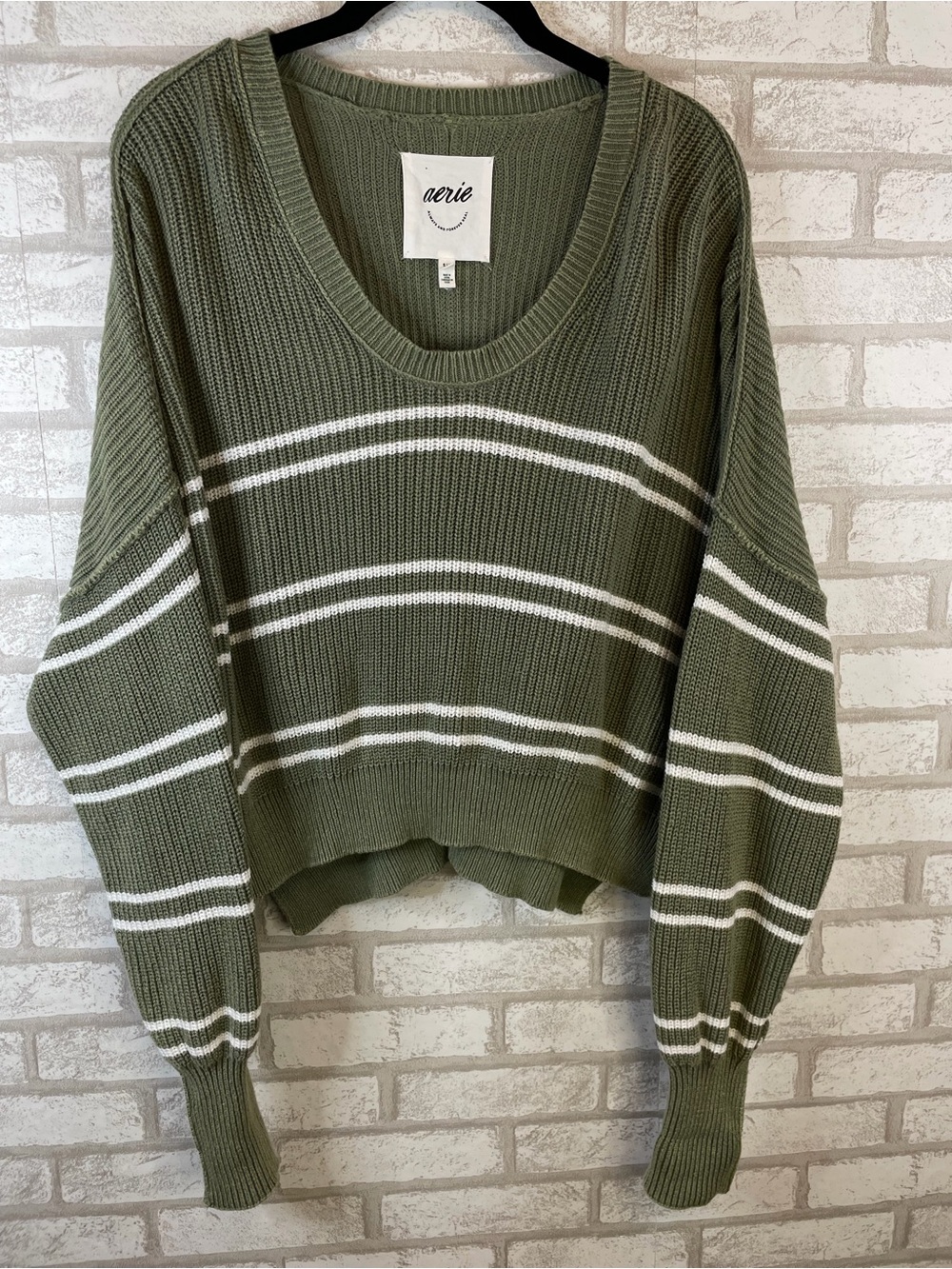 Aerie Striped Knit Pullover Sweater Olive Green Oversized Size S/P